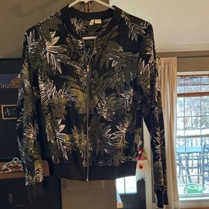Japna Black and White Leaf Print Bomber Jacket